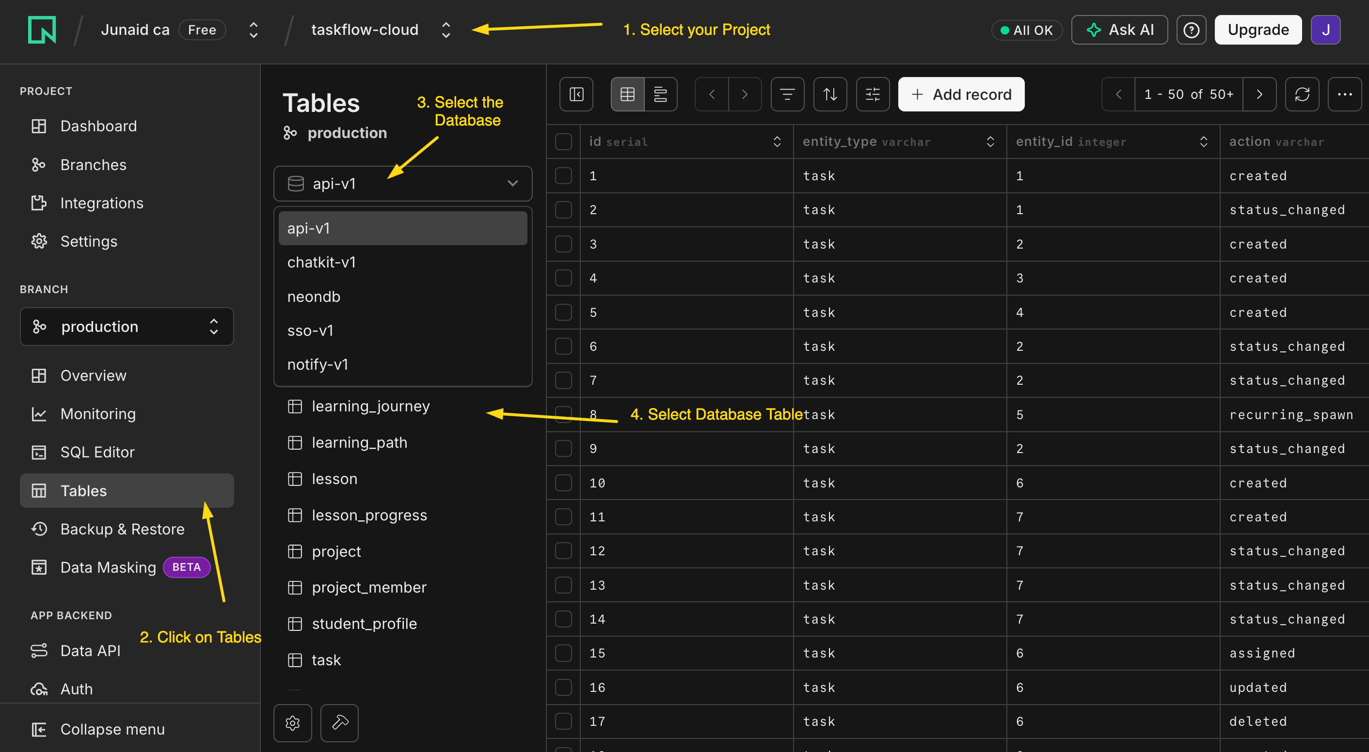 In the Neon console: select your project, open the Tables view, switch databases if you need to, and read the tables like a spreadsheet.