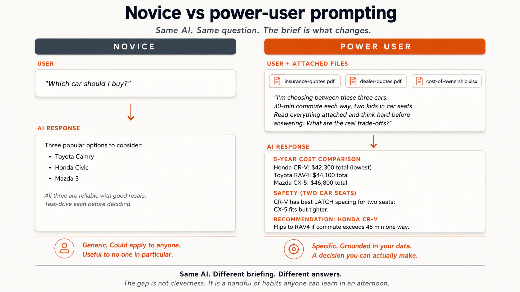 Side-by-side comparison: a novice asks 'which car should I buy?' and gets a generic three-model list. A power user attaches insurance quotes, dealer quotes, and a cost-of-ownership spreadsheet with a specific brief about a 30-minute commute and two kids in car seats, and gets back a structured five-year cost comparison, safety analysis, and a Honda CR-V recommendation that flips conditions. Same AI, different briefing, different answers.