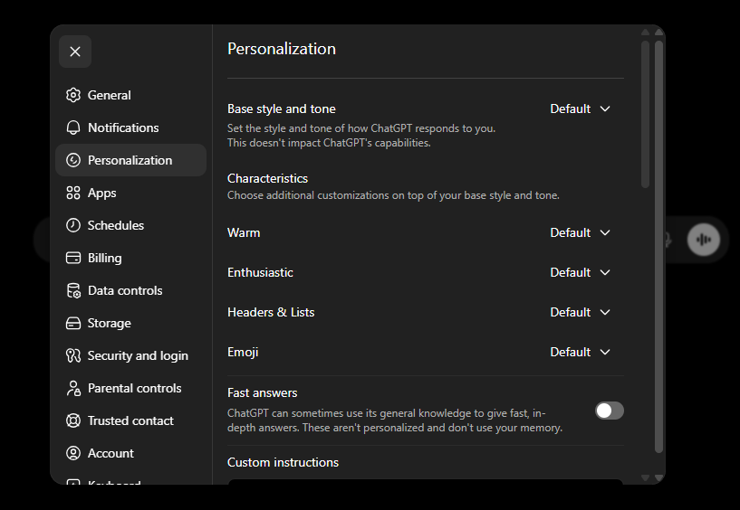 ChatGPT's Personalization settings page. At the top: "Base style and tone" set to Default. Below it: characteristic toggles for Warm, Enthusiastic, Headers and Lists, and Emoji, all set to Default. At the bottom: a "Custom instructions" section where you write instructions ChatGPT will follow in every chat.