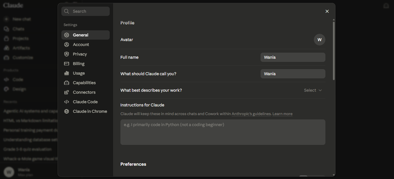 Claude's Settings > General page. The "Instructions for Claude" section has a text area with placeholder text "e.g. I primarily code in Python (not a coding beginner)." Above it are Profile fields (Full name, what Claude should call you, what describes your work). Any instructions you write here are added to the system prompt in every chat.