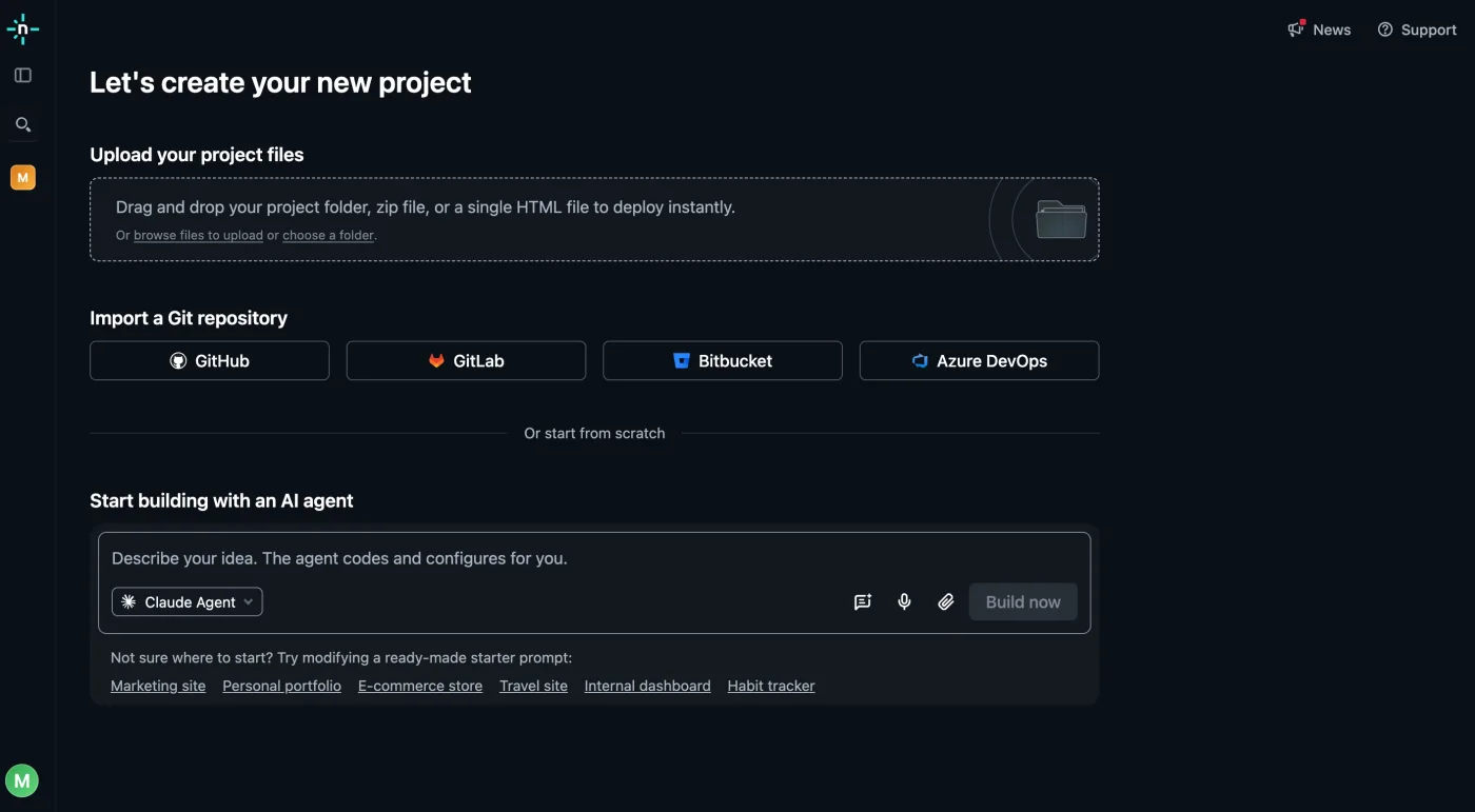 Netlify's create-a-new-project page. The dashed drop zone at the top reads: drag and drop your project folder, zip file, or a single HTML file to deploy instantly. Below it sit buttons for importing a Git repository and a prompt box for starting with an AI agent. The drop zone is the only part this project needs.