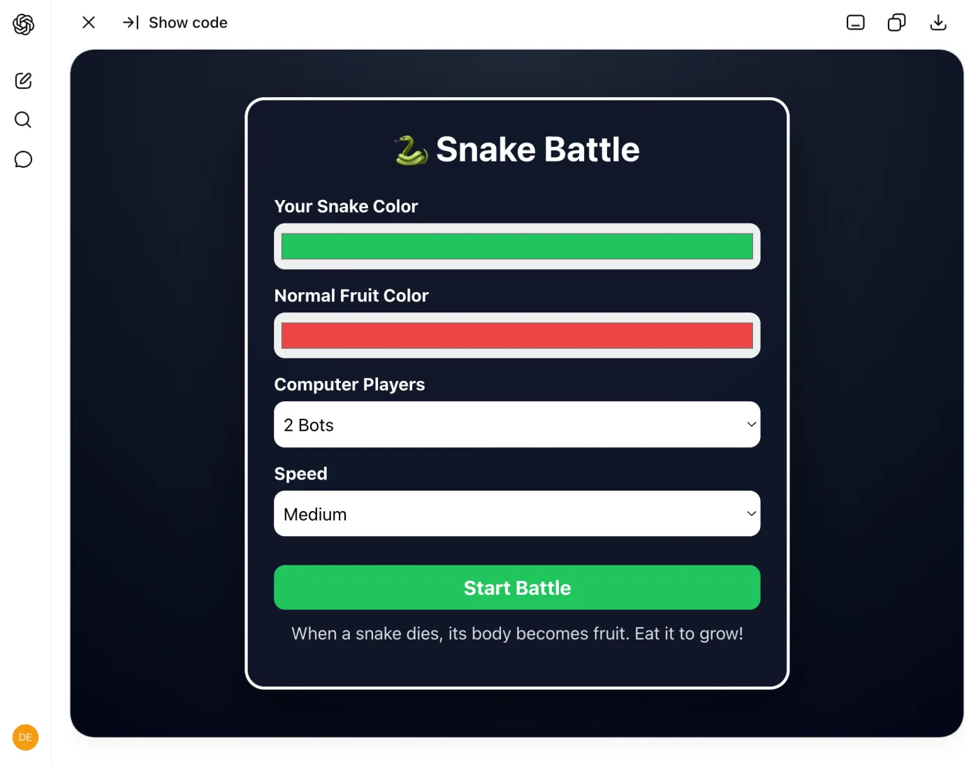 The Snake Battle start screen running inside ChatGPT's canvas panel: a color picker for your snake, a color picker for the fruit, a dropdown for how many computer players to battle, a speed setting, and a green Start Battle button, with the invented rule printed underneath: when a snake dies, its body becomes fruit, eat it to grow. Three conversational sentences produced this screen.