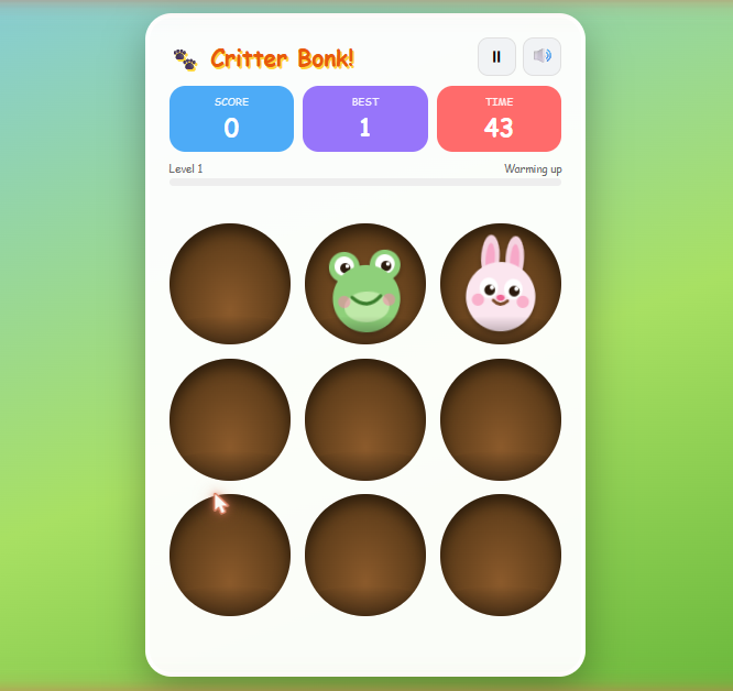 The Critter Bonk game mid-play: a 3x3 grid of brown holes on a green gradient background, with a frog and a rabbit popping up from two holes. Score, Best, and Time counters at the top show the game in action at Level 1. The title reads Critter Bonk with cute animal emojis and pause and sound controls.