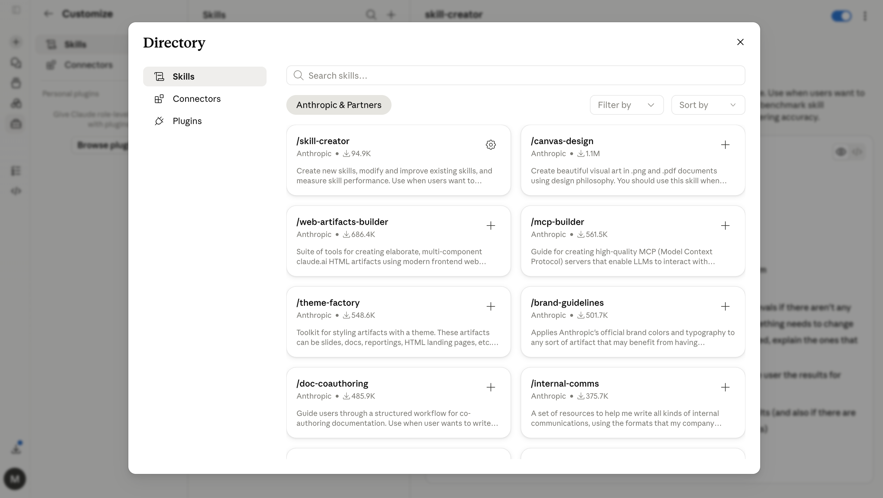 The Skills Directory in Claude, opened from the Browse skills menu. Tabs across the top for Skills, Connectors, and Plugins, an "Anthropic &amp; Partners" filter, and a search box. A grid of one-click installable skill cards, each with a "+" install button: skill-creator, canvas-design, web-artifacts-builder, mcp-builder, theme-factory, brand-guidelines, doc-coauthoring, and internal-comms.
