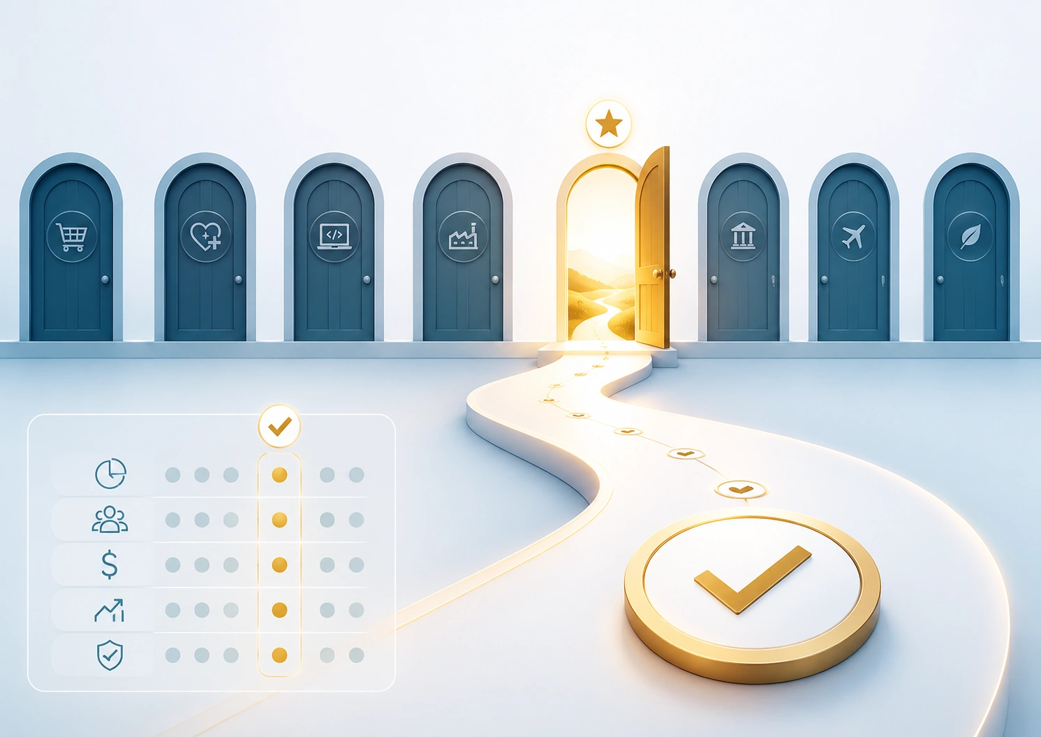 Many doors stand in a row: most are closed, one is marked as parked, and one gold door stands open with light coming through and a check mark above it. A winding path leads to the open door. Choosing your vertical means finding the one door that passes the tests, and walking to it
