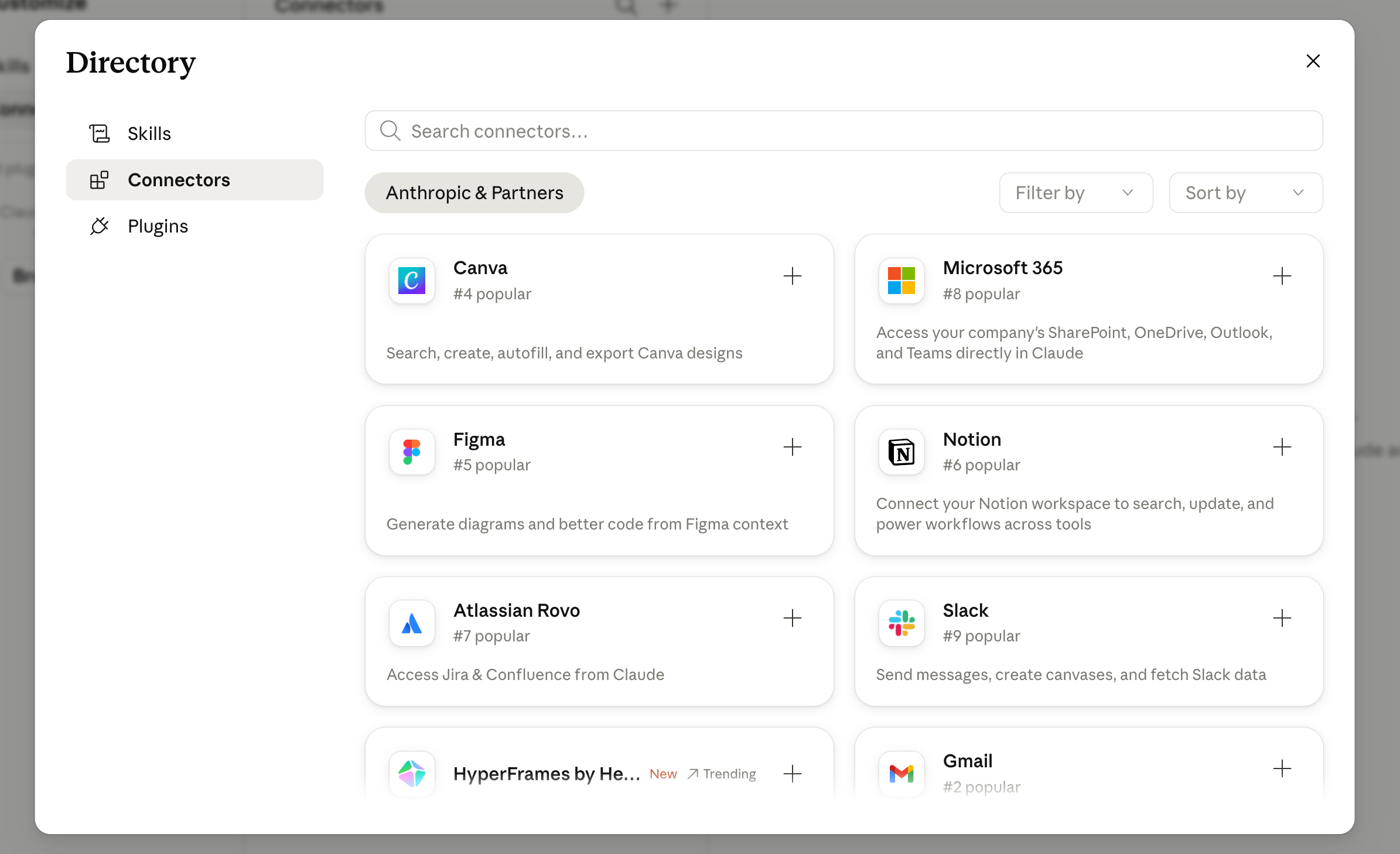 The Connectors Directory in Claude, opened from the Browse connectors menu. Tabs for Skills, Connectors, and Plugins, an "Anthropic &amp; Partners" filter, and a search box. A grid of connector cards, each with a "+" to add: Canva, Microsoft 365, Figma, Notion, Atlassian Rovo, Slack, Gmail, and HyperFrames.