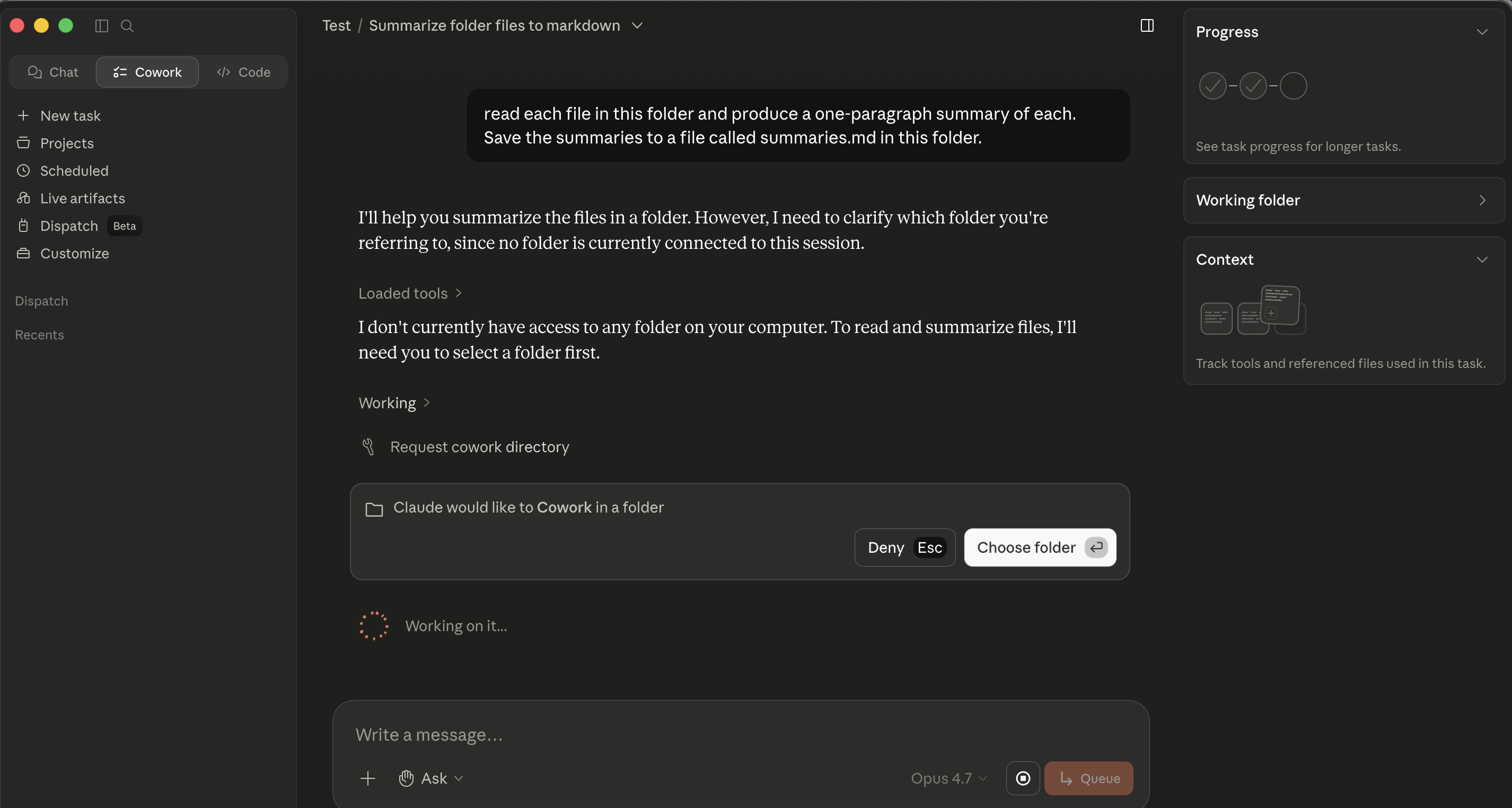 Cowork's inline folder-permission gate: the agent says "I'll help you summarize the files in a folder. However, I need to clarify which folder you're referring to, since no folder is currently connected to this session." Below, an inline permission card "Claude would like to Cowork in a folder" with Deny and Choose folder buttons