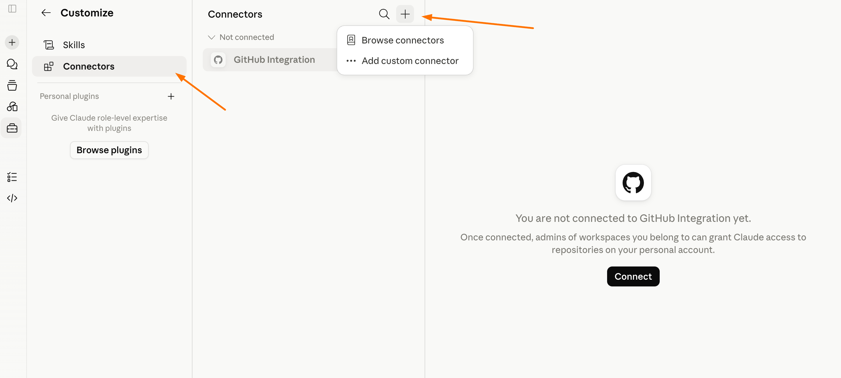 Claude's Customize then Connectors page. The left rail shows Skills and Connectors. A "Not connected" list shows a GitHub Integration entry. The "+" menu next to Connectors is open, offering "Browse connectors" and "Add custom connector".