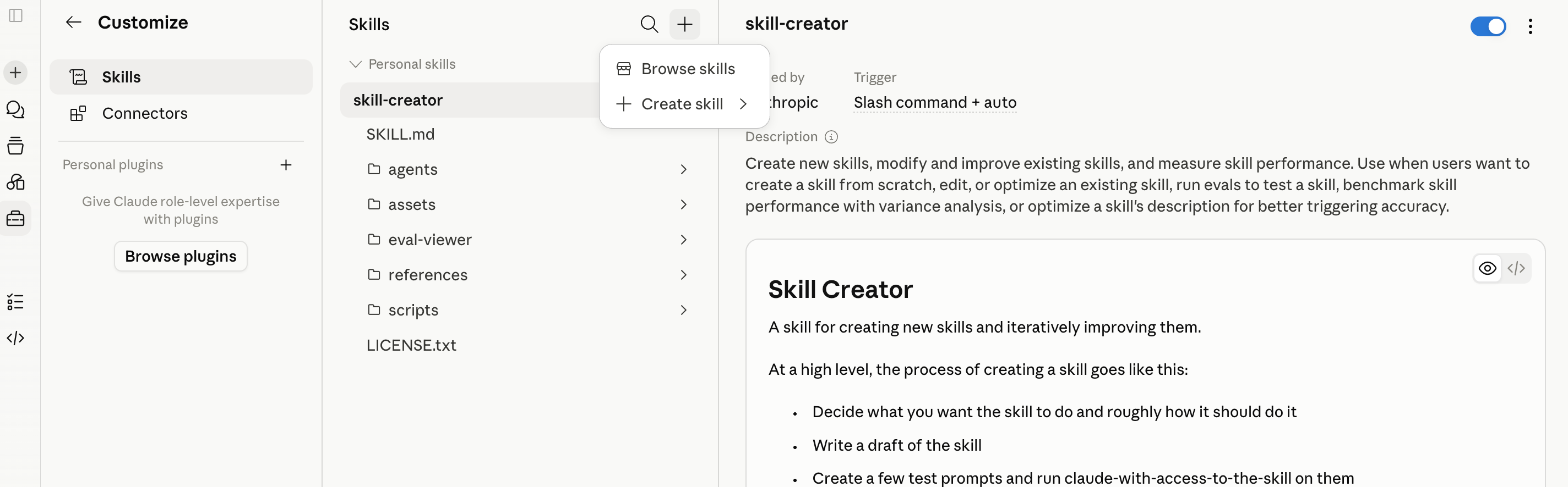 Claude's Customize panel, the Skills tab. The left rail shows Skills and Connectors. The personal skills list holds a single entry, skill-creator, expanded to show its files: SKILL.md, agents, assets, references, scripts. A "+" menu is open offering "Browse skills" and "Create skill." The detail pane labels skill-creator as managed by Anthropic with trigger "Slash command + auto."