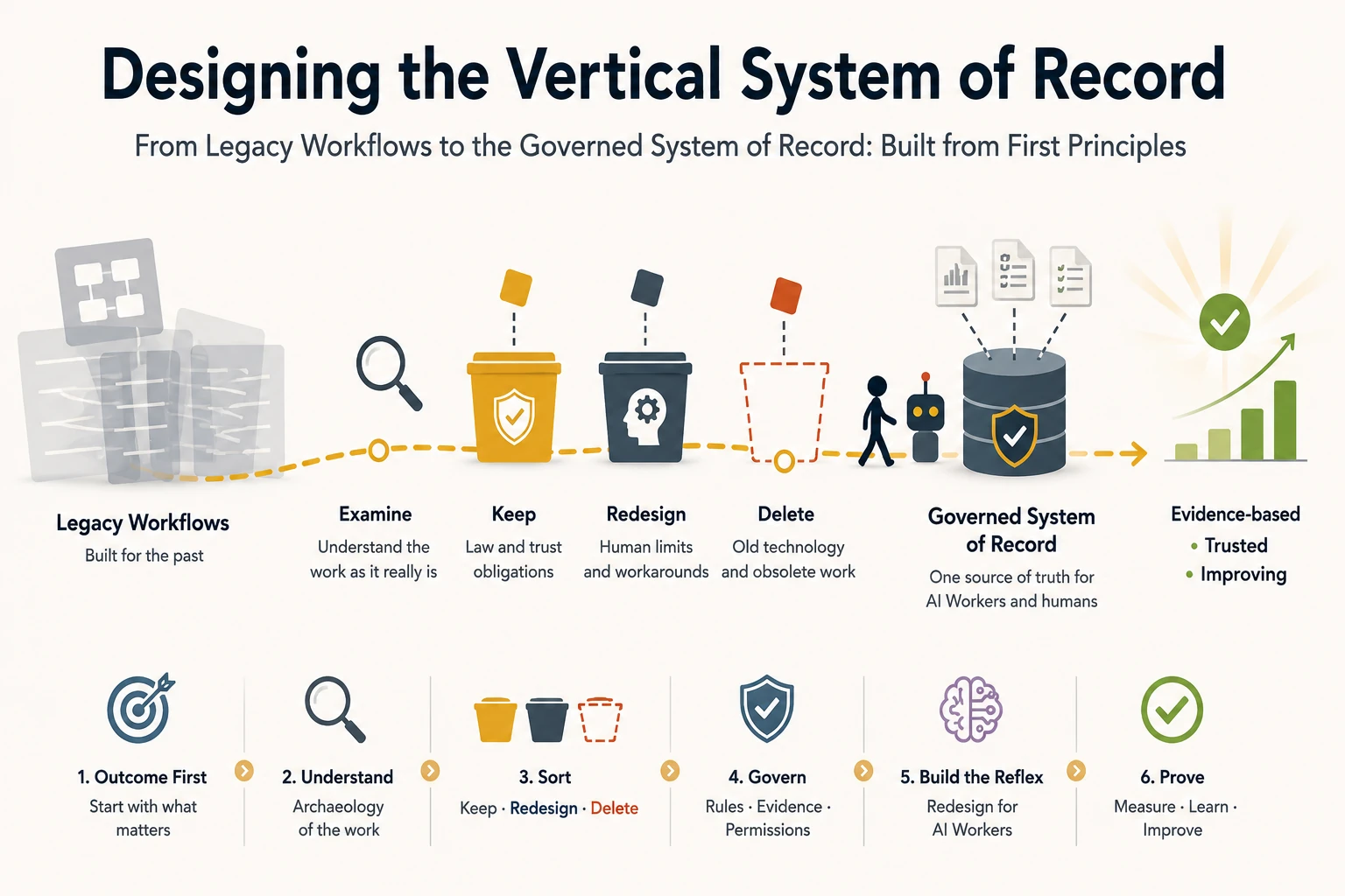 Designing the Vertical System of Record: from legacy workflows to the governed System of Record, built from first principles. On the left, faded org charts and old forms: legacy workflows, built for the past. A dashed golden path leads through the method. First, examine: understand the work as it really is. Then the three sort bins: keep, for law and trust obligations; redesign, for human limits and workarounds; delete, drawn as a dashed outline, for old technology and obsolete work. A person and a small robot walk the path together to the Governed System of Record, one source of truth for AI Workers and humans, marked with a shield and a check. The path ends at a rising chart: evidence-based, trusted, improving. Beneath, the six steps: outcome first, understand through the archaeology of the work, sort with keep, redesign, and delete, govern with rules, evidence, and permissions, build the reflex redesigned for AI Workers, and prove by measuring, learning, and improving
