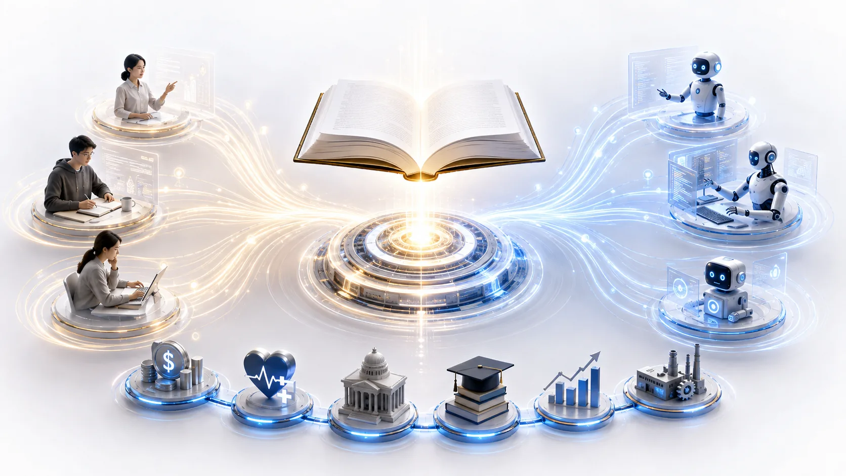 One book at the center, read from two sides: humans learn from it on one side, AI agents learn from it on the other, and the professions it will serve are arrayed beneath it.