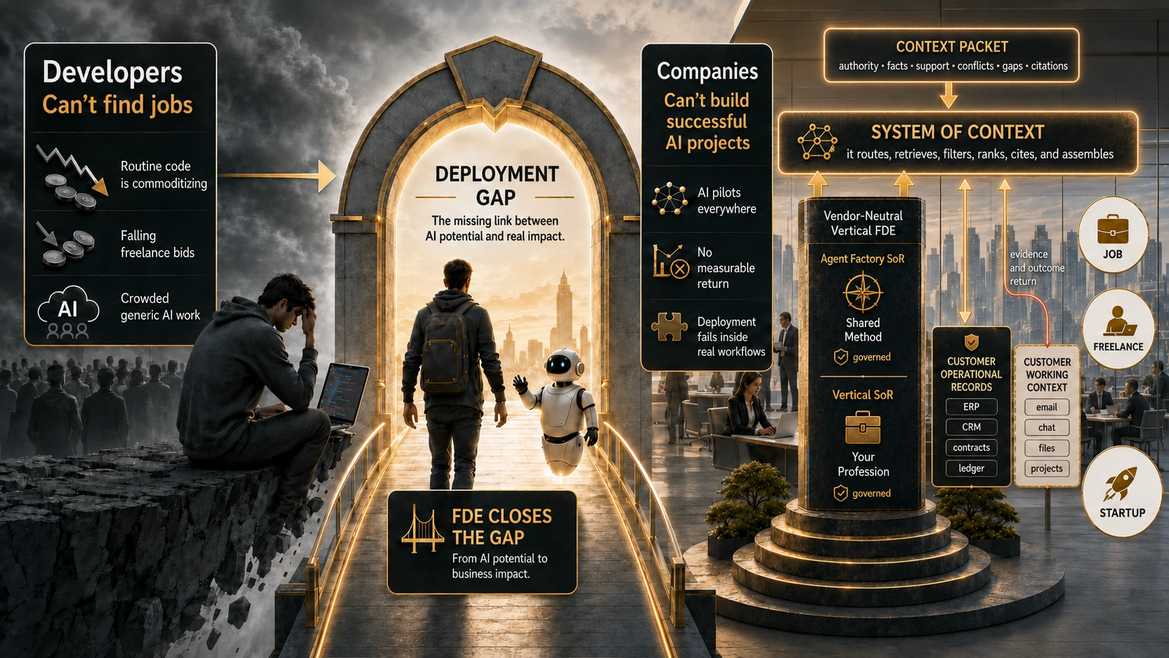 A developer sits alone at the edge of a dark cliff while a lit bridge crosses the deployment gap toward a working office, where a pillar labelled Vendor-Neutral Vertical FDE holds two governed Systems of Record, and three outcomes wait: job, freelance, startup.