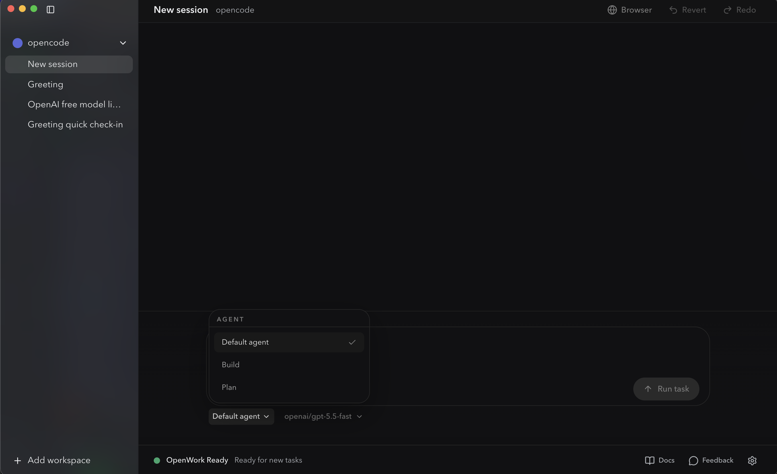 OpenWork's agent picker dropdown open above the prompt input. Header: AGENT. Three rows: Default agent (with a checkmark, currently selected), Build, Plan