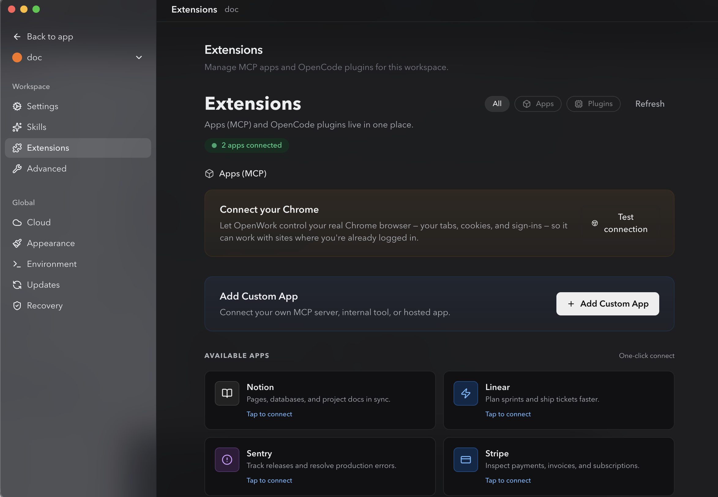 OpenWork's Extensions page. Header: "Extensions, Manage MCP apps and OpenCode plugins for this workspace." Tab row: All (selected) / Apps / Plugins / Refresh. Status: "2 apps connected." Apps (MCP) section shows a "Connect your Chrome" card ("Let OpenWork control your real Chrome browser, your tabs, cookies, and sign-ins, so it can work with sites where you're already logged in.") with a Test connection button, and an "Add Custom App" card ("Connect your own MCP server, internal tool, or hosted app.") with a + Add Custom App button. Below: "Available apps" grid, Notion (Pages, databases, and project docs in sync), Linear (Plan sprints and ship tickets faster), Sentry (Track releases and resolve production errors), Stripe (Inspect payments, invoices, and subscriptions), each card has a "Tap to connect" affordance. Left sidebar: Workspace section (Settings / Skills / Extensions selected / Advanced) and Global section (Cloud / Appearance / Environment / Updates / Recovery)