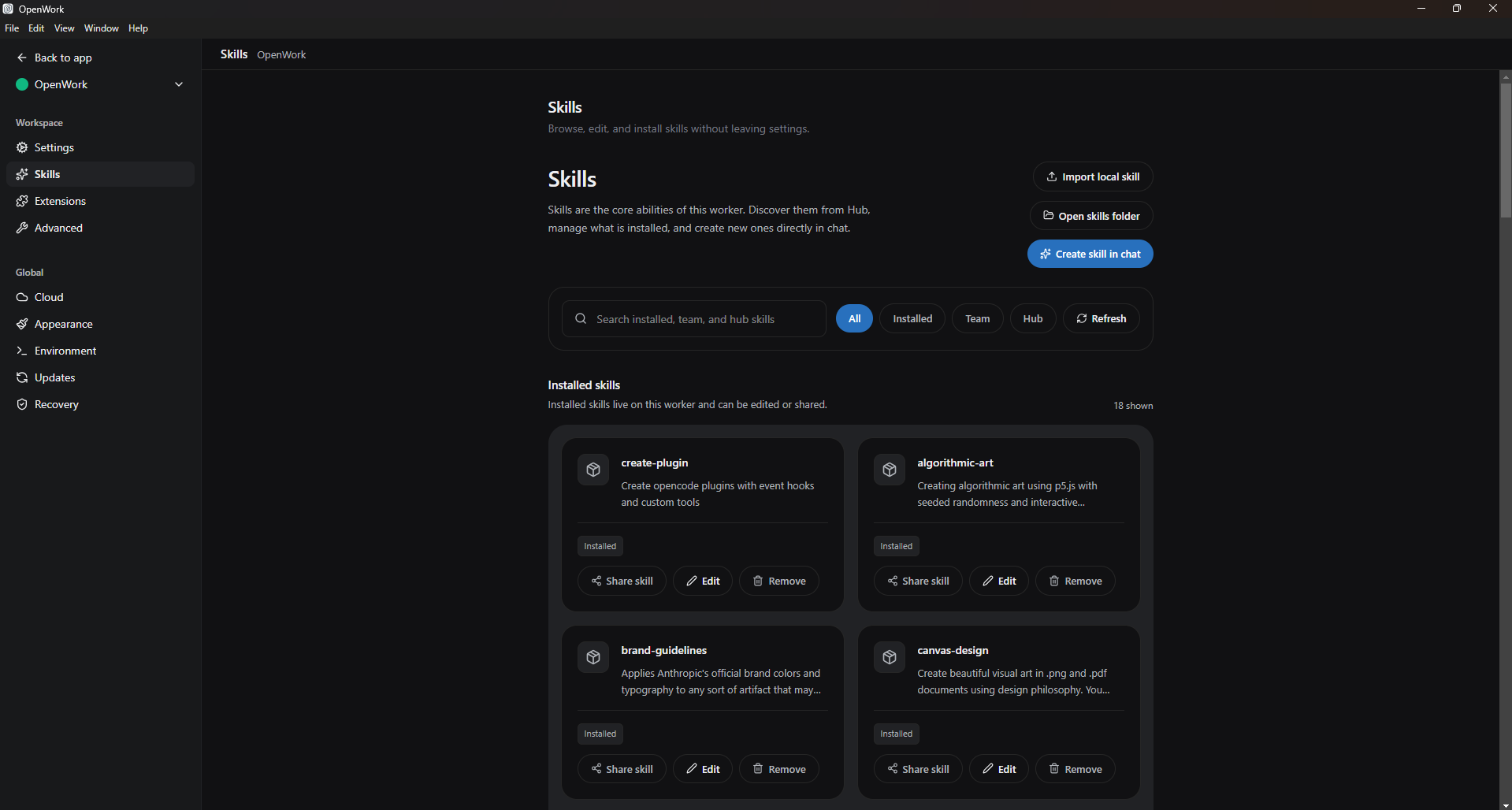 OpenWork's Skills settings page. Left sidebar has Workspace section (Settings / Skills selected / Extensions / Advanced) and a Global section (Cloud / Appearance / Environment / Updates / Recovery). Main panel header: "Skills, Browse, edit, and install skills without leaving settings." Subtitle: "Skills are the core abilities of this worker. Discover them from Hub, manage what is installed, and create new ones directly in chat." Top-right action buttons: Import local skill, Open skills folder, Create skill in chat. Search bar with filter chips: All / Installed / Team / Hub / Refresh. "Installed skills" section showing a card grid: create-plugin ("Create opencode plugins with event hooks and custom tools"), algorithmic-art ("Creating algorithmic art using p5.js with seeded randomness and interactive..."), brand-guidelines ("Applies Anthropic's official brand colors and typography to any sort of artifact that may..."), canvas-design ("Create beautiful visual art in .png and .pdf documents using design philosophy..."). Each card has an Installed badge plus Share skill, Edit, and Remove buttons