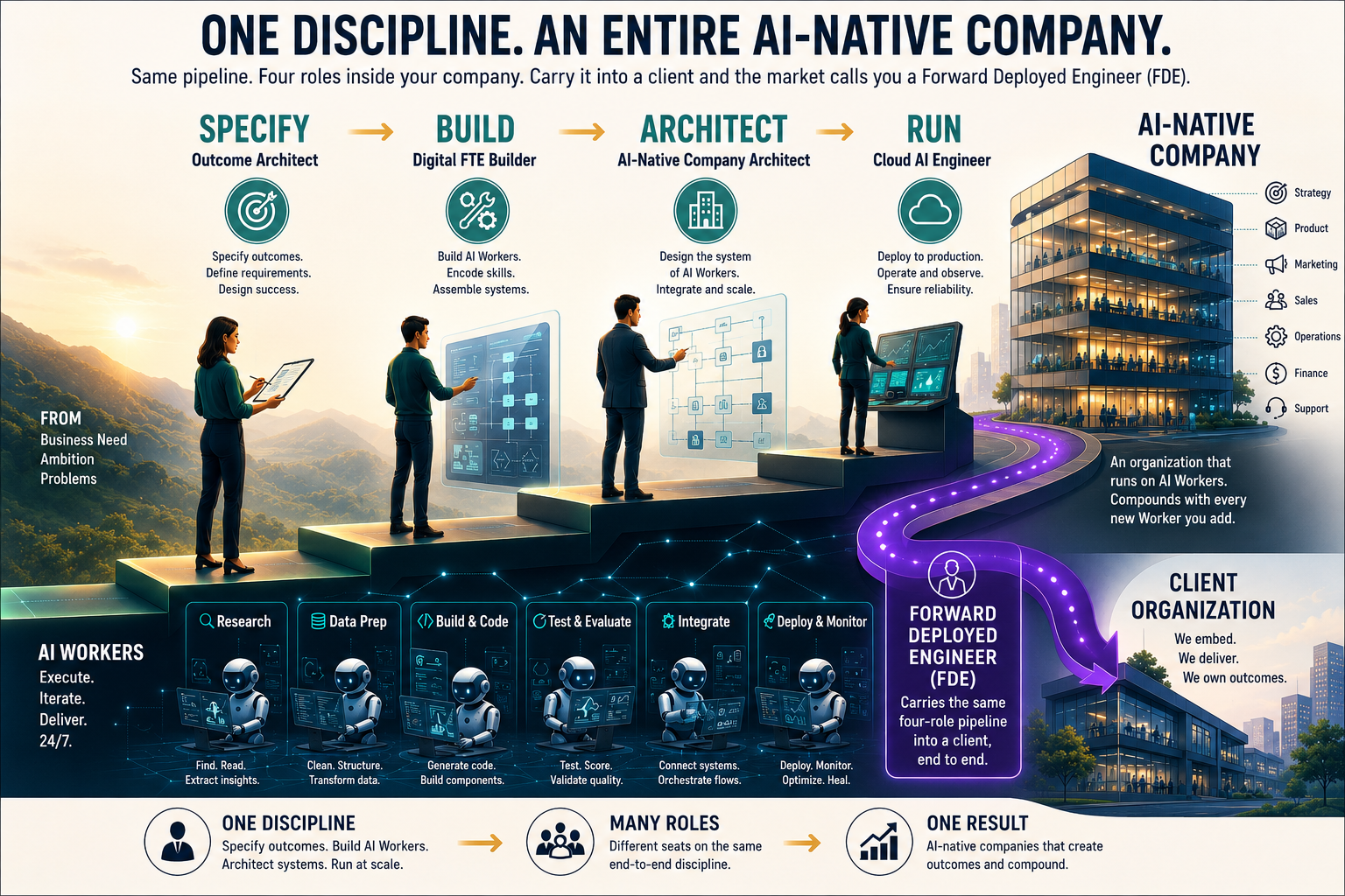 The roles this book trains: four roles inside an AI-native company, namely Outcome Architect, Digital FTE Builder, AI-Native Company Architect, and Cloud AI Engineer, form one end-to-end pipeline from specifying outcomes to running AI Workers at scale. A Forward Deployed Engineer carries the same four-role pipeline into a client organization, end to end.
