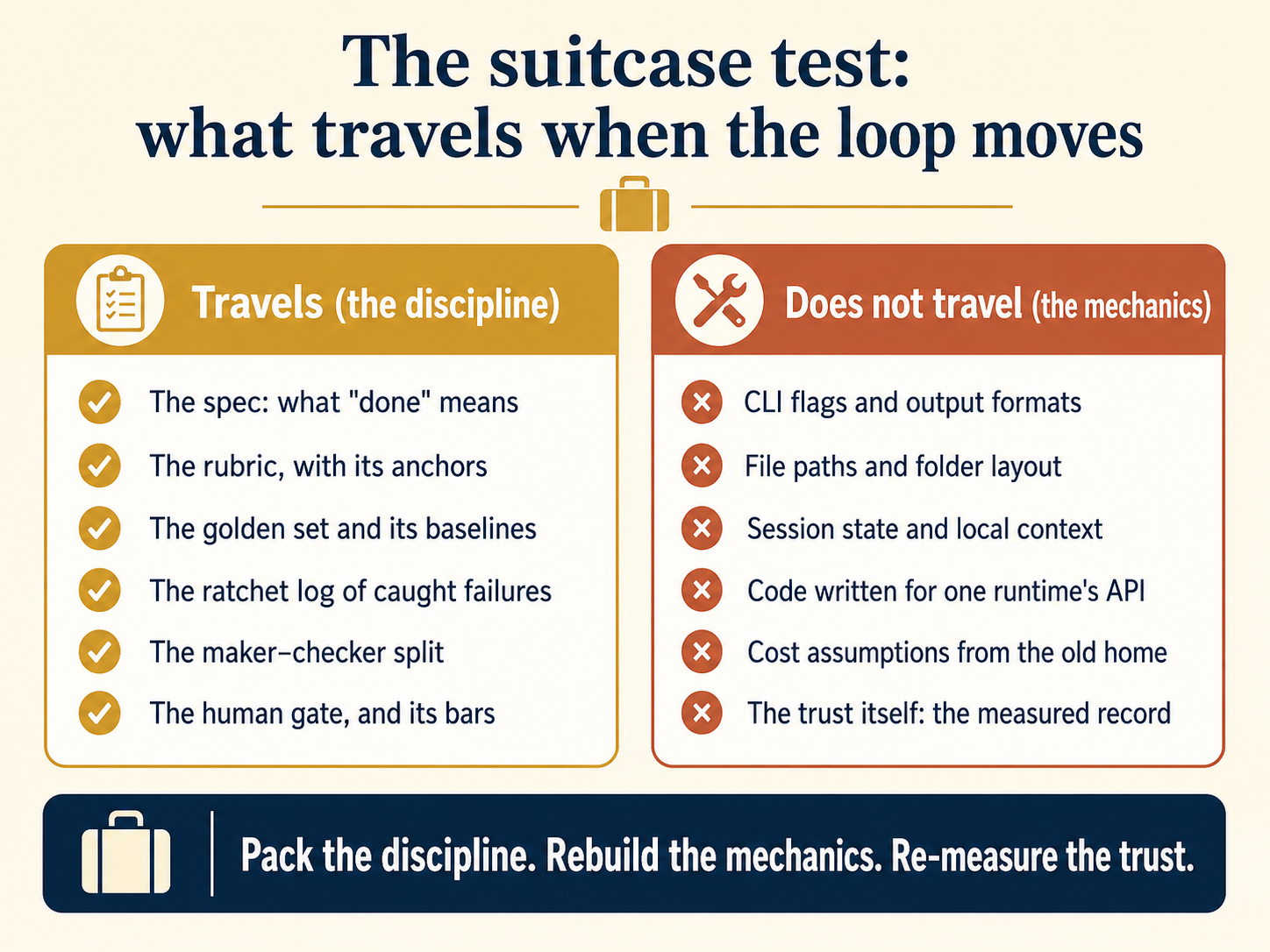 The suitcase test as two panels. The gold panel, labelled travels, holds the discipline: the spec and what done means, the rubric with its anchors, the golden set and its baselines, the ratchet log of caught failures, the maker–checker split, and the human gate and its bars. The terra panel, labelled does not travel, holds the mechanics: CLI flags and output formats, file paths and folder layout, session state and local context, code written for one runtime's API, cost assumptions from the old home, and the trust itself, the measured record. Footer: pack the discipline, rebuild the mechanics, re-measure the trust.