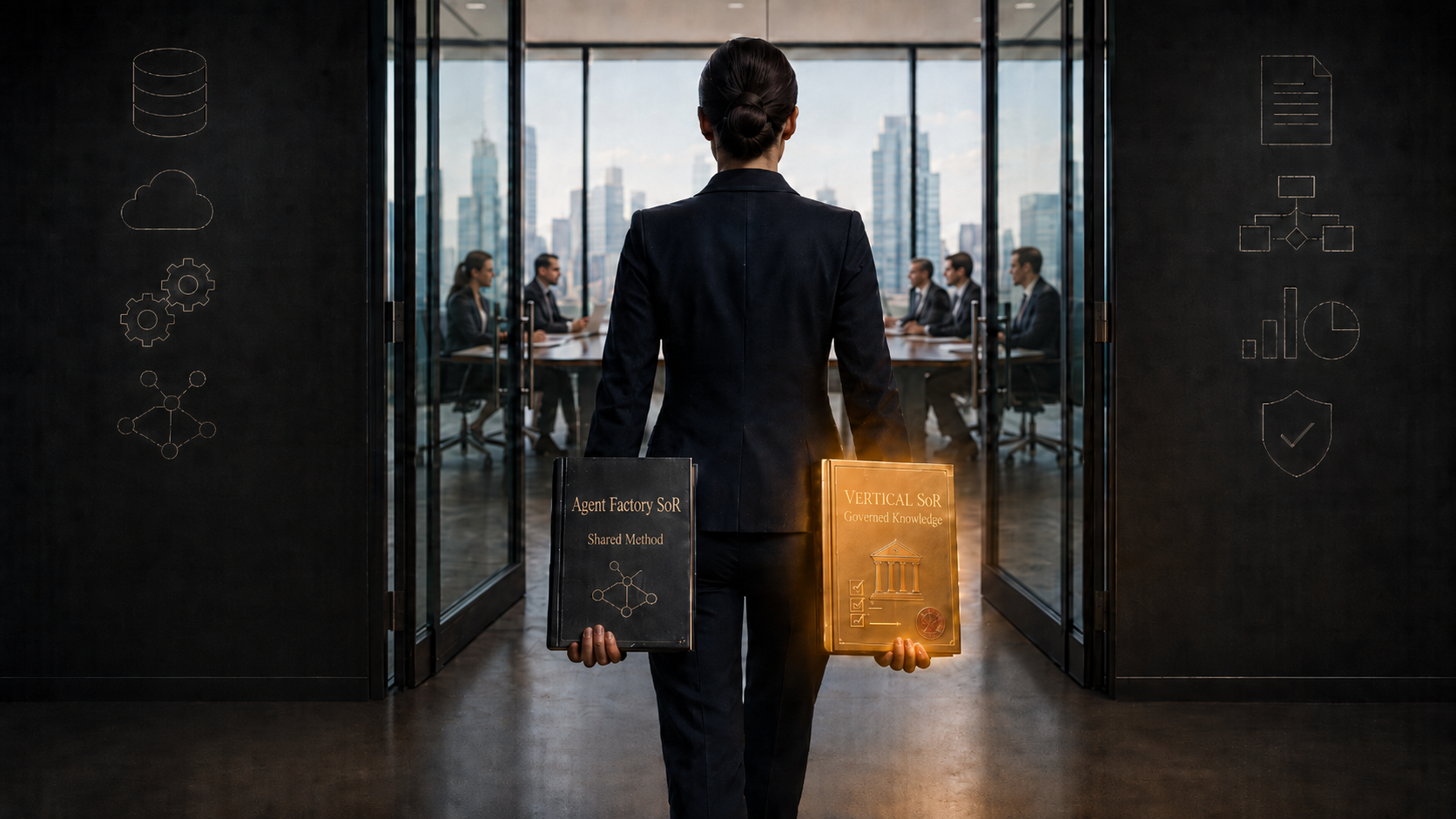 An engineer stands centred in an open double glass doorway, seen from directly behind, mid-stride, about to walk into a client's boardroom. Her arms hang at her sides and she carries one hardback book in each hand, resting against her thigh and held from below, the way a person carries a folder while walking. In her left hand a matte charcoal volume titled Agent Factory SoR, subtitled Shared Method, with a small line drawing of a connected network on the cover: the one the ecosystem gave her, and every graduate carries the identical copy. In her right hand a brass gold volume titled Vertical SoR, subtitled Governed Knowledge, lit from within and the brightest object in the frame, its glow spilling onto her hand and sleeve. Its cover carries three marks for what is inside it: a classical institution facade for the profession and its regulator, a column of ticked checkboxes for the checker and the evaluation set, and a seal for governance and approval. That volume is the one she built with her expert, and nobody else has it. Beyond the doorway, softly out of focus, five people sit around a long table against a daylit city skyline: the client, real and not yet engaged. Faint pale line-art icons are etched into the dark walls flanking her. On the left, behind the charcoal volume, databases, a cloud, gears, and a network graph. On the right, behind the gold one, a document, a flow diagram, charts, and a shield with a checkmark
