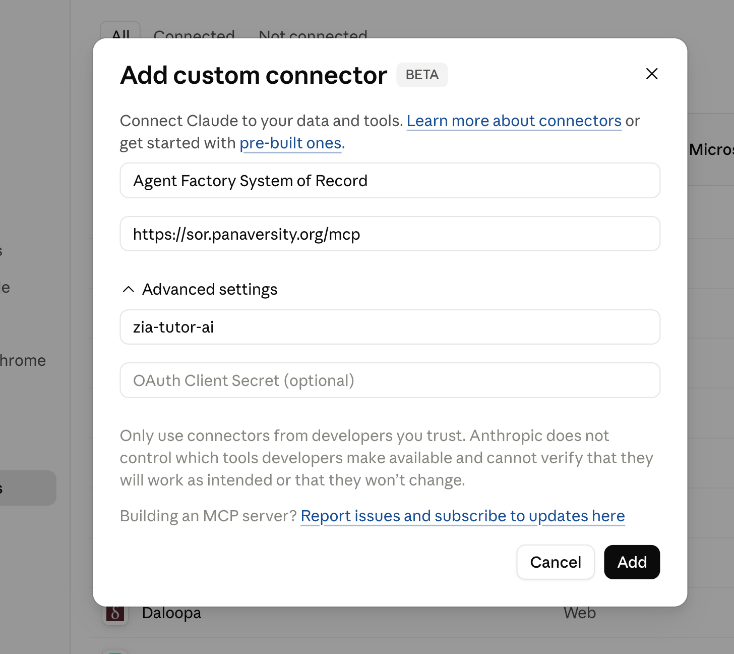 The Add custom connector dialog in Claude, with the Agent Factory System of Record name, MCP URL, and OAuth Client ID filled in.