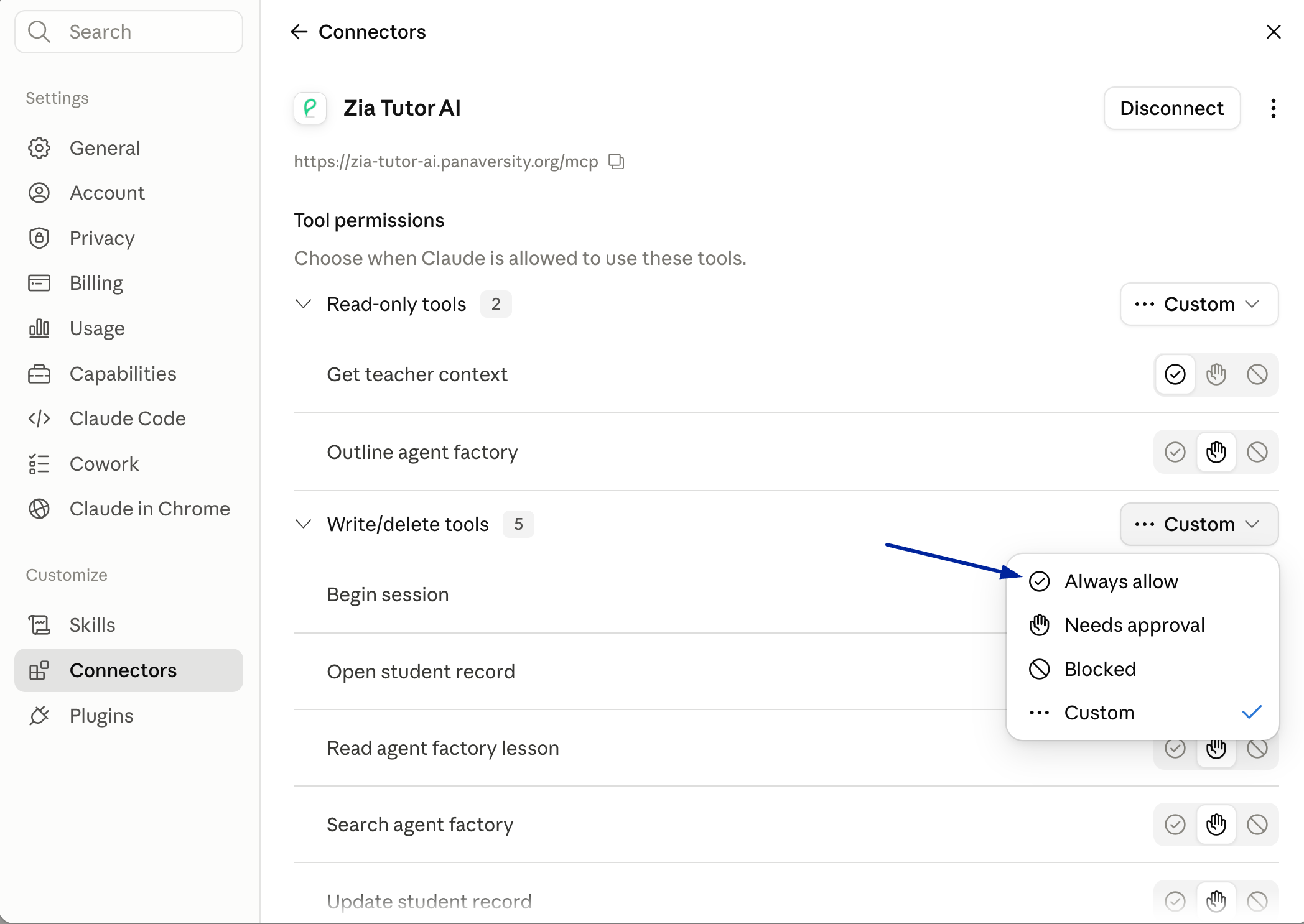 The Zia Tutor AI Tool permissions panel in Claude, with the permissions menu open and Always allow highlighted.