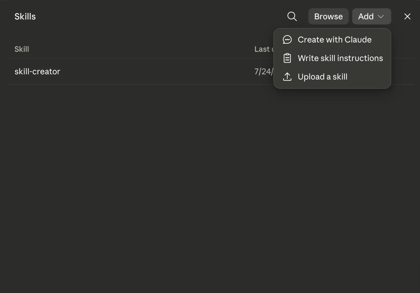 The Skills page in claude.ai with the Add menu open, showing Create with Claude, Write skill instructions, and Upload a skill.